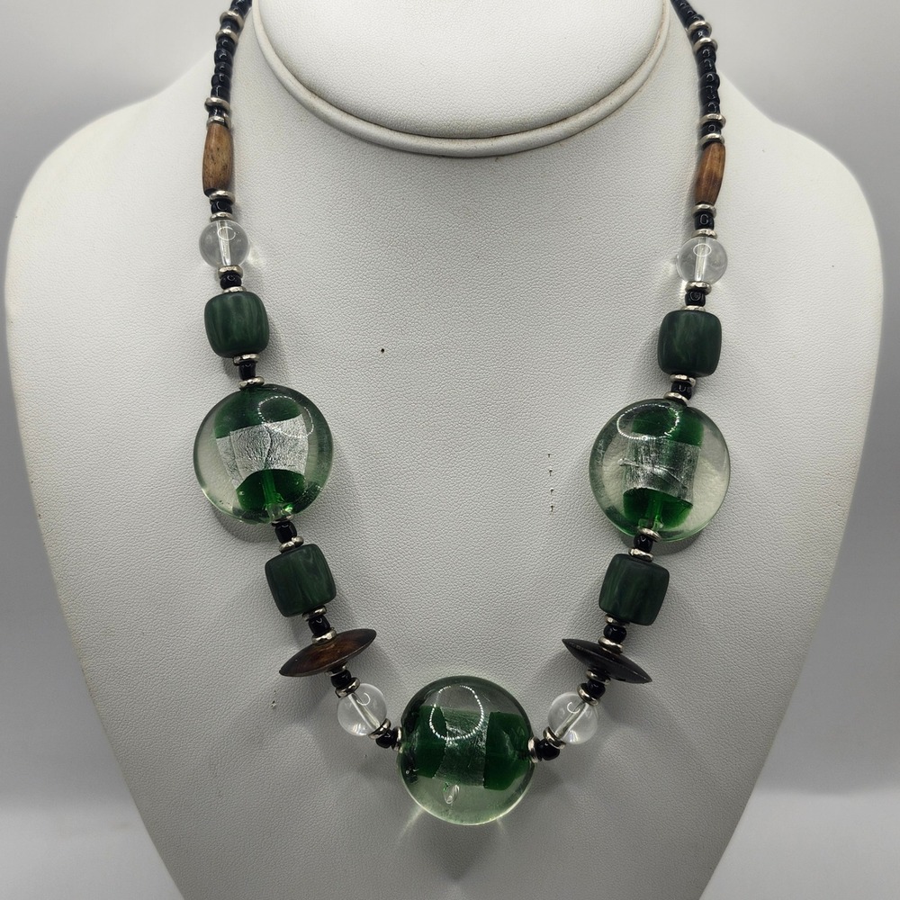 Vintage Green Glass Foil Bead Necklace Mixed Wood‎ Resin Black Seed Beads Boho